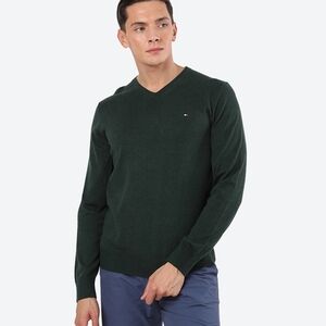 Tommy Hilfiger Green V-Neck Sweater Mens Medium Logo Long Sleeve Preppy Office